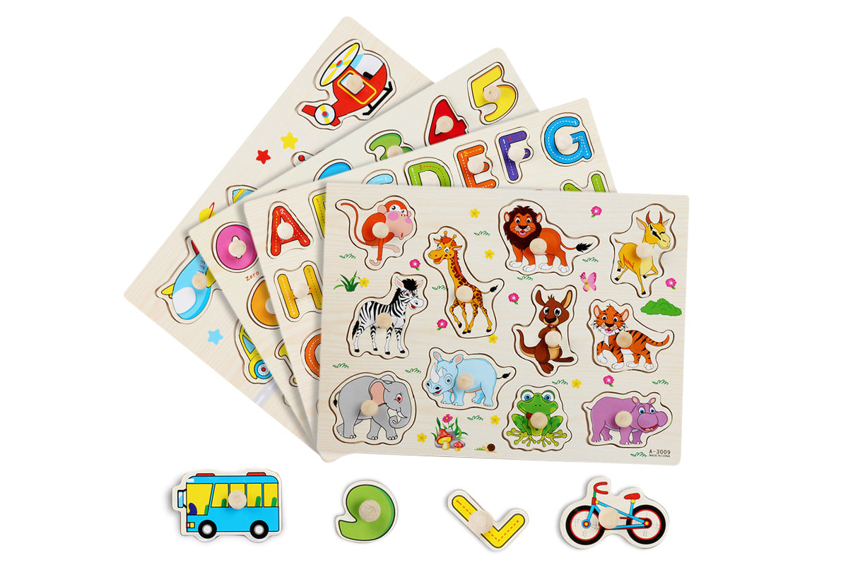 4 Sets Wooden Peg Puzzle for Girls Boys with Alphabet Number Animal Dinosaur Vehicle