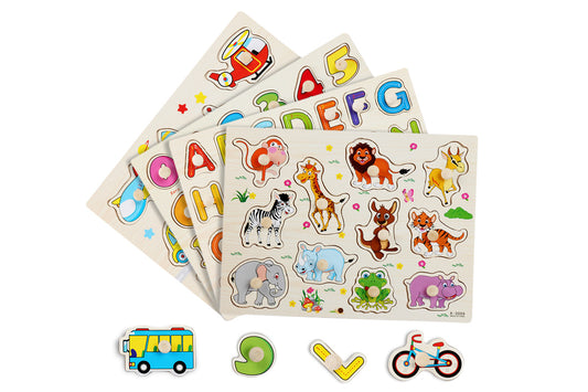 4 Sets Wooden Peg Puzzle for Girls Boys with Alphabet Number Animal Dinosaur Vehicle