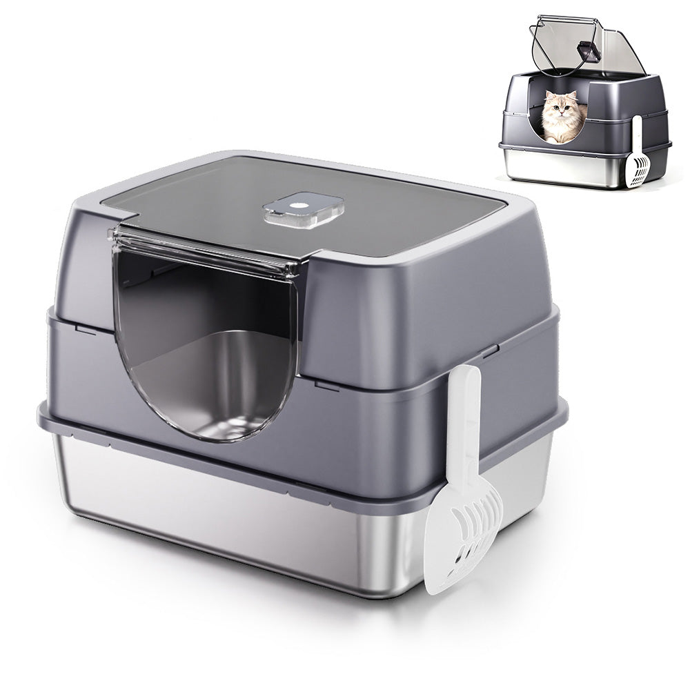 Fully Enclosed Flip Top Stainless Steel Cat Litter Box Large Space and Odor Control