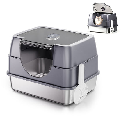 Fully Enclosed Flip Top Stainless Steel Cat Litter Box Large Space and Odor Control