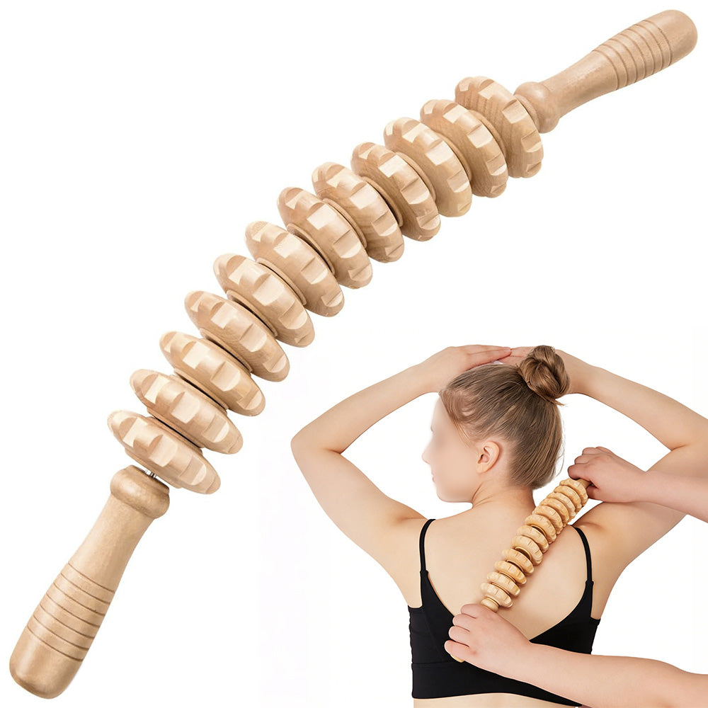 Wooden Curved 12 Roller Massage Stick Handheld Massage Tool For Legs And Thighs