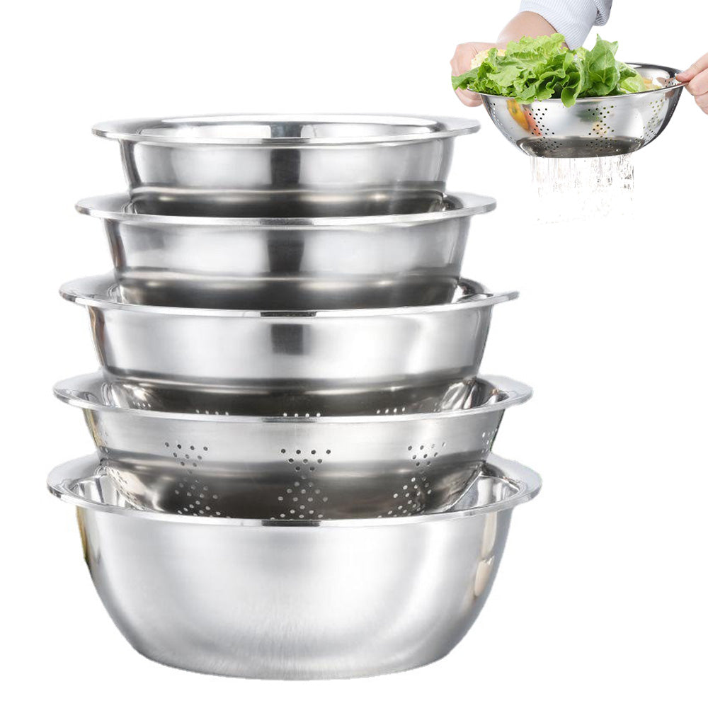 5 Piece 410 Stainless Steel Colander and Mixing Bowl Set 22 to 30cm