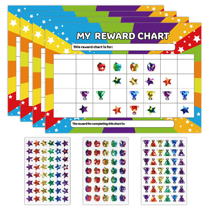 4 Pack Star Reward Chart with 3 Glitter Sticker Sheets Set Reusable Behaviour Chore