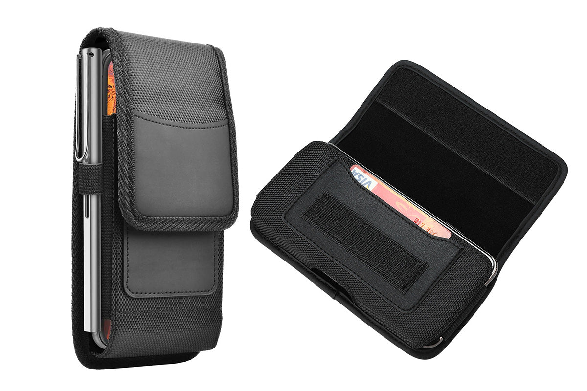 Universal Black Oxford Cloth Phone Waist Pouch with Belt Clip and Card Holder Compatible with Most Smartphones