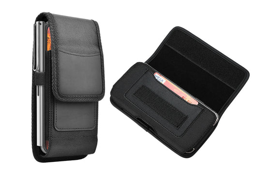 Universal Black Oxford Cloth Phone Waist Pouch with Belt Clip and Card Holder Compatible with Most Smartphones
