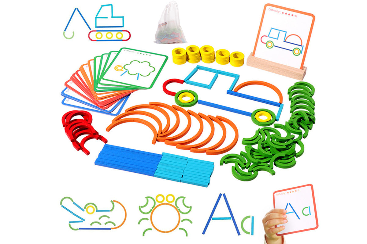 142Pcs Wooden Pattern Blocks Set with Sticks and Rings Brain Teaser Toys