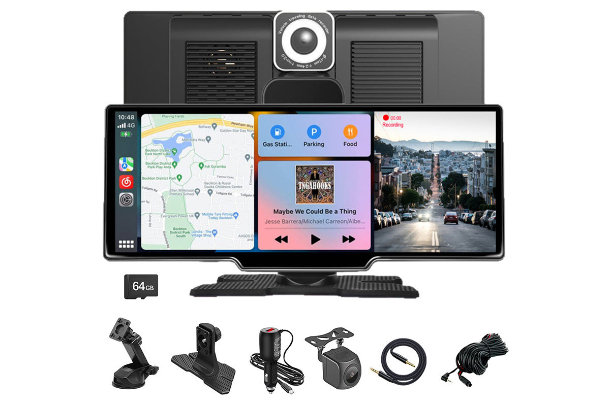 10.26 Inch Wireless Carplay Android Auto Screen Portable with Dual Dash Cam