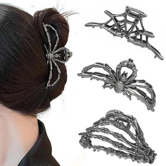 3 PCS Halloween Hair Claws Unique Bat Spider Skull Hair Clips for Women