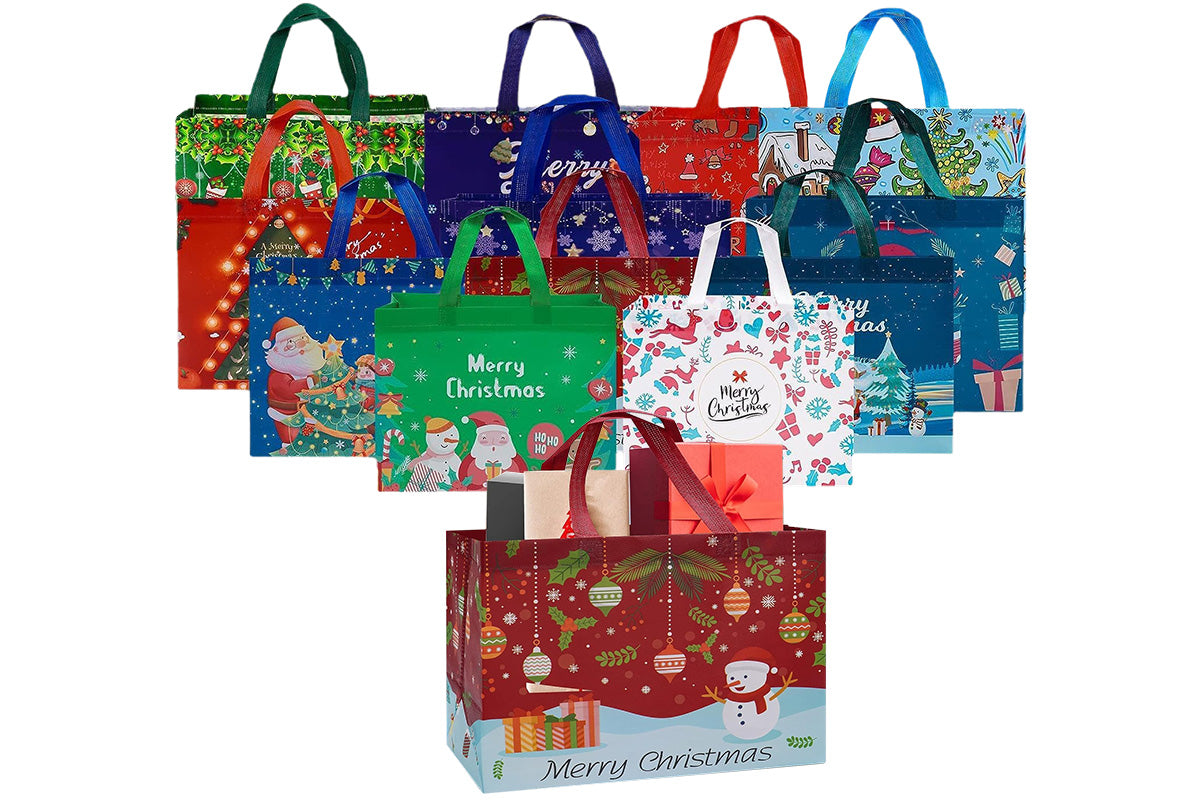 12PCS Christmas Gift Bags Large Reusable Christmas Tote Bags For New Year Party Supplies