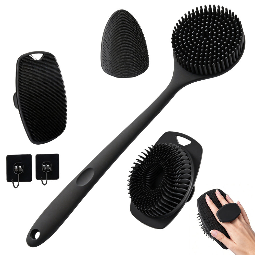 4 Piece Silicone Bath Brush Set with Long Handle Brush
