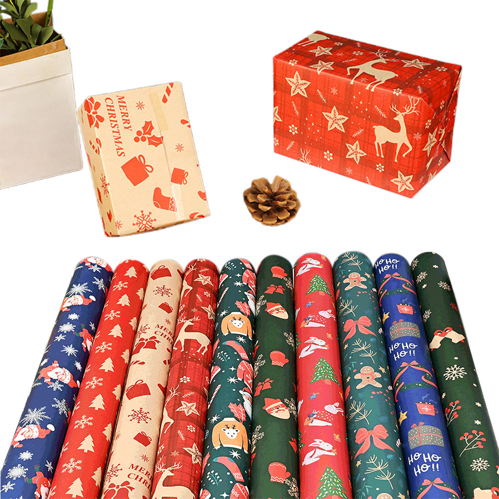 10Pcs Christmas Wrapping Paper Christmas Present Wrap Rolls Cute Traditional Xmas Wrap Paper