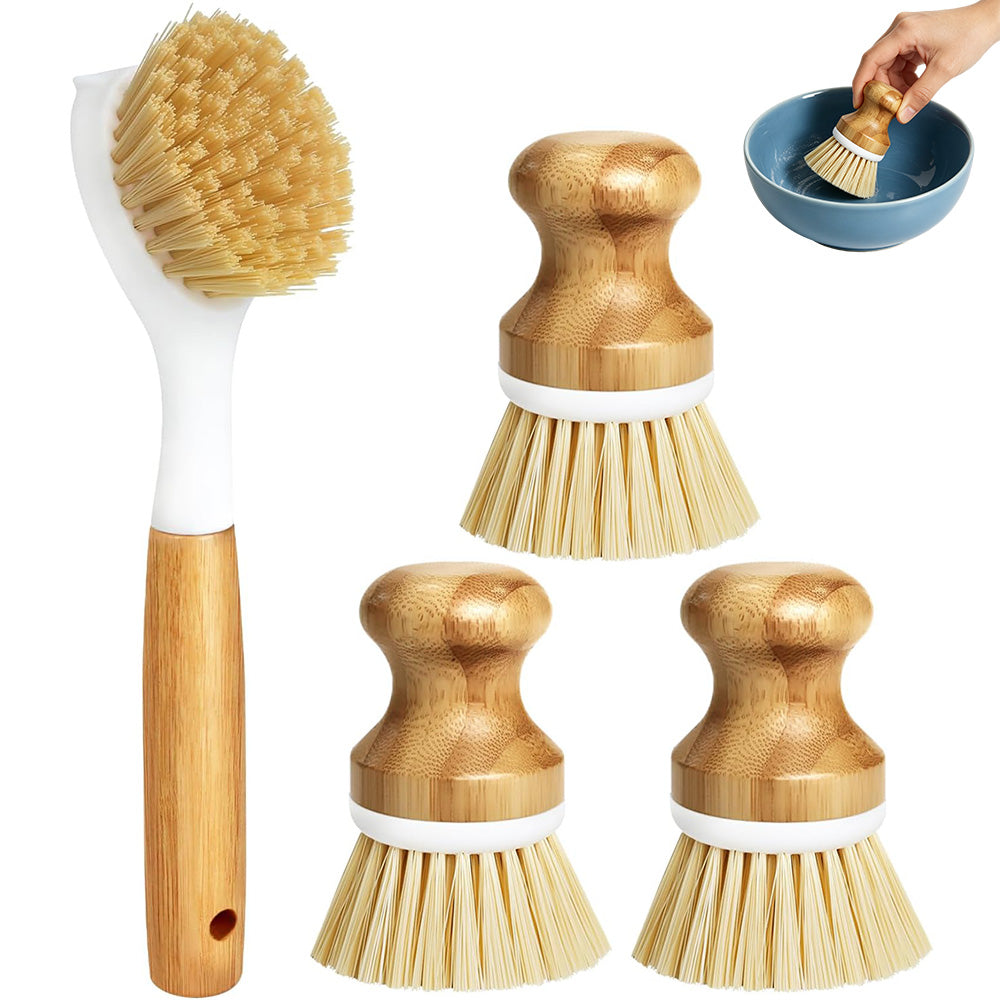 4 Piece Pot Cleaning Brush Set with Engineered Wood Handles for Cookware