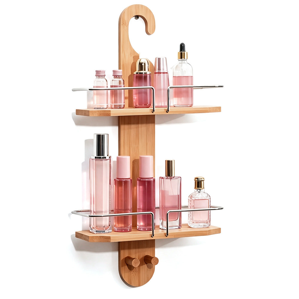 2 Tier Bamboo Shower Caddy with Drain Holes Hanging Organizer for Bathroom