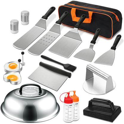 17Pcs Stainless Steel Flat Top Griddle BBQ Cooking Tool Set
