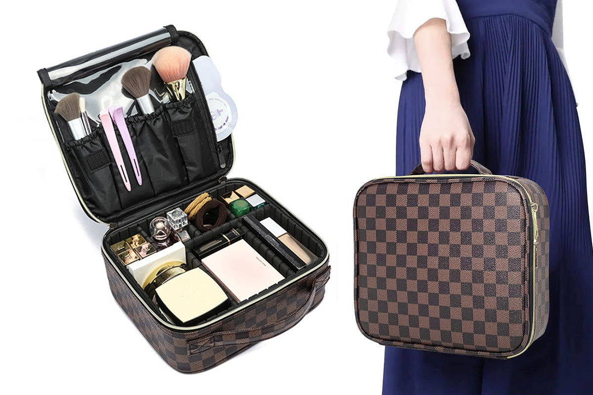 Checkered Makeup Bag Travel Cosmetic Bags Adjustable Partition Toiletry Organizer