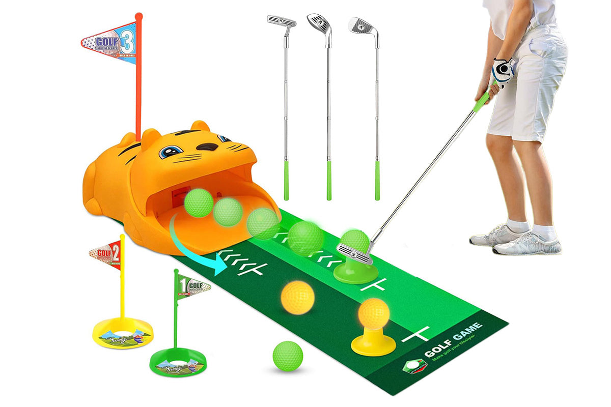 Toy Golf Set with Tiger Automatic Ball Returner Golf Clubs Putter Mat for Indoor Outdoor Play