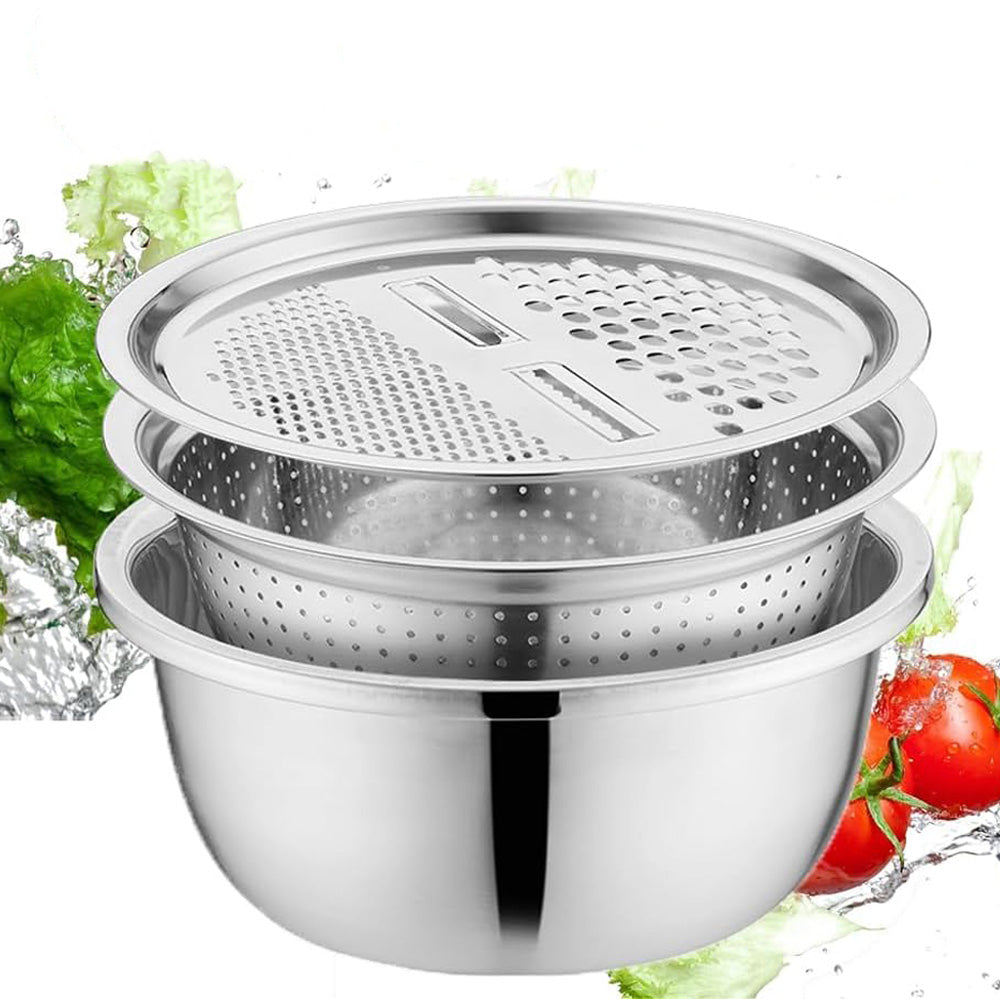 3Pcs Stainless Steel Vegetable Cutter Bowl Set with Grater and Strainer