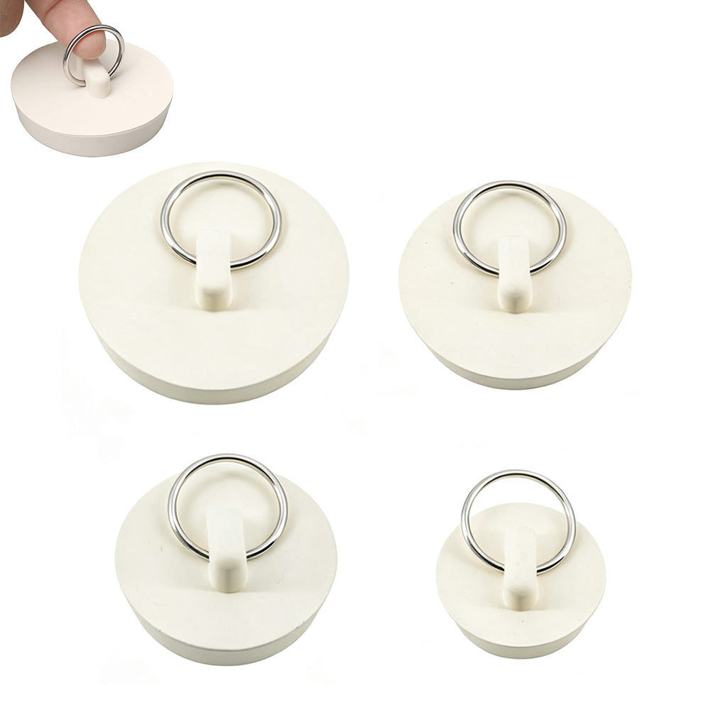 4 Universal Plastic Sink Stoppers with Metal Pull Rings for Basins and Bathtubs