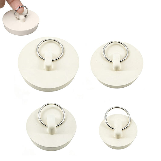 4 Universal Plastic Sink Stoppers with Metal Pull Rings for Basins and Bathtubs
