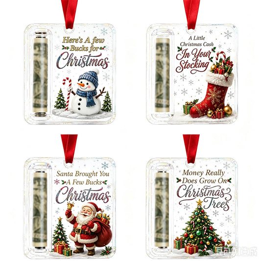 4 Piece Christmas Cash Gift Holder Ornaments with Ribbons for Decorating