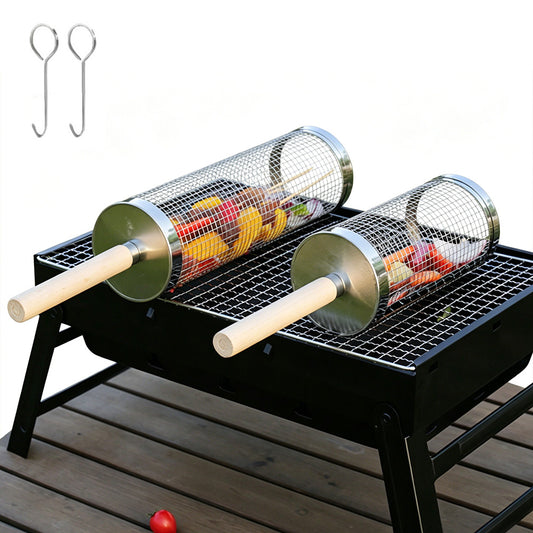 2 Pack Rolling Grill Basket with Wooden Handle Stainless Steel BBQ Accessory