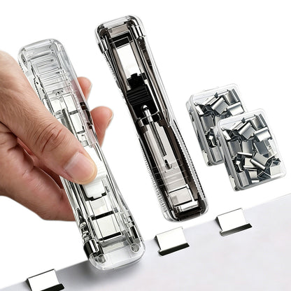 2Pcs Portable Clip Stapler with 100 Reusable Clips Push Style Paper Clamp for Office School Home