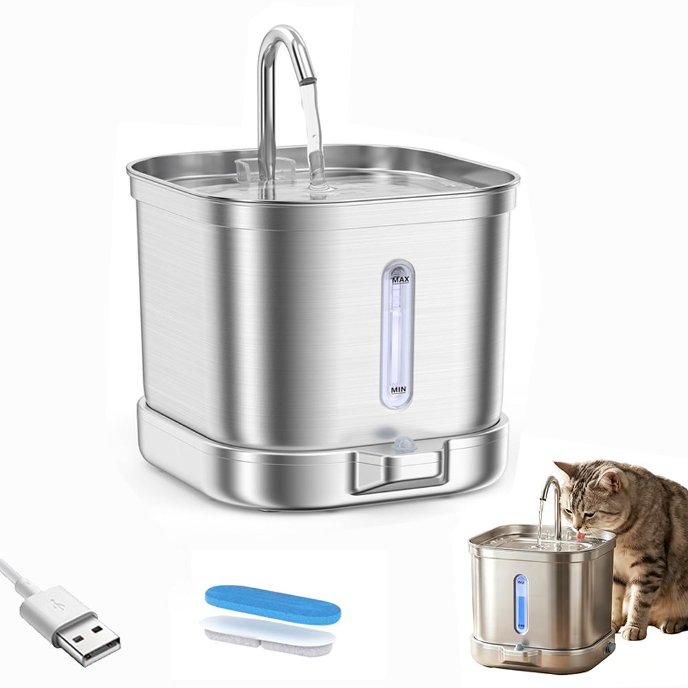 2L Stainless Steel Cat Water Fountain with 3 Modes Wireless Pet Water Dispenser for Dogs Cats