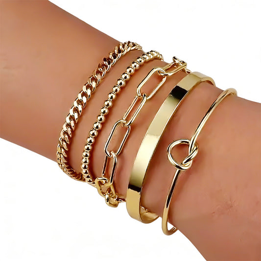 5PCS Gold Multi Layered Bracelets Stackable Gold Bangles Bracelet For Women