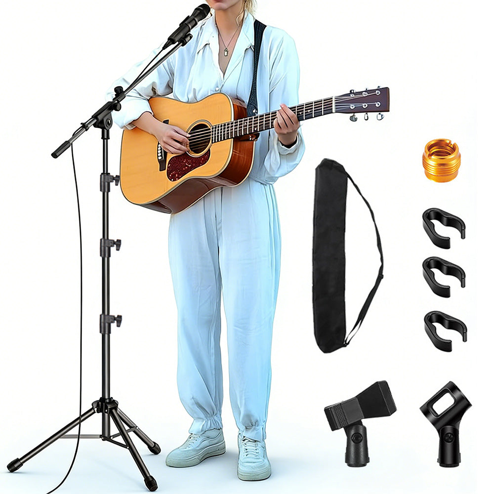 Universal Metal Microphone Stand With Adjustable Height And Mic Clips