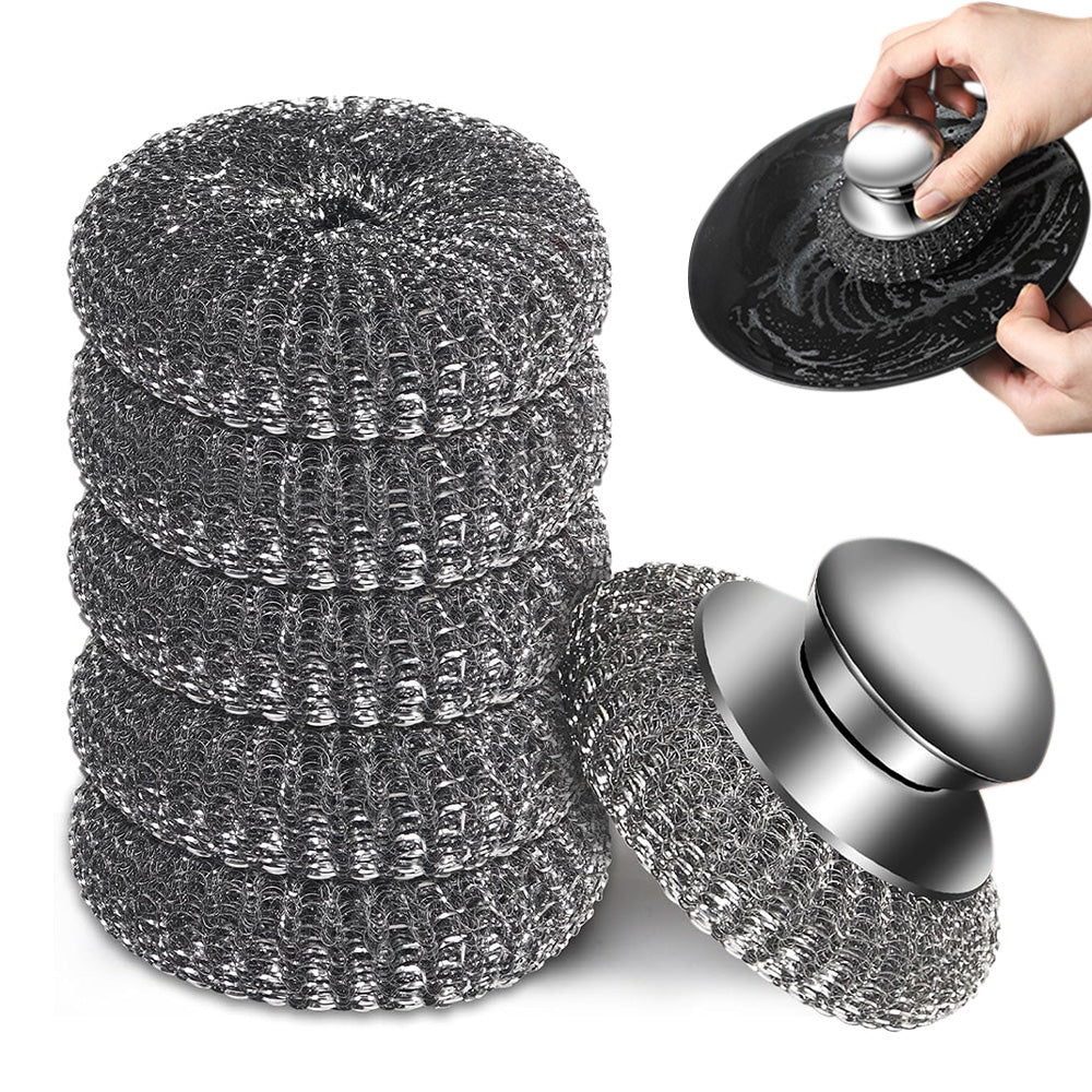 Steel Wool Cleaning Brush with Handle and 5 Replacement Heads for Kitchen