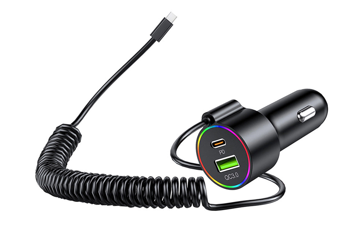 3 In 1 Car Charger With Retractable Coiled Cable USB And Type-C Fast Charging