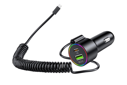 3 In 1 Car Charger With Retractable Coiled Cable USB And Type-C Fast Charging