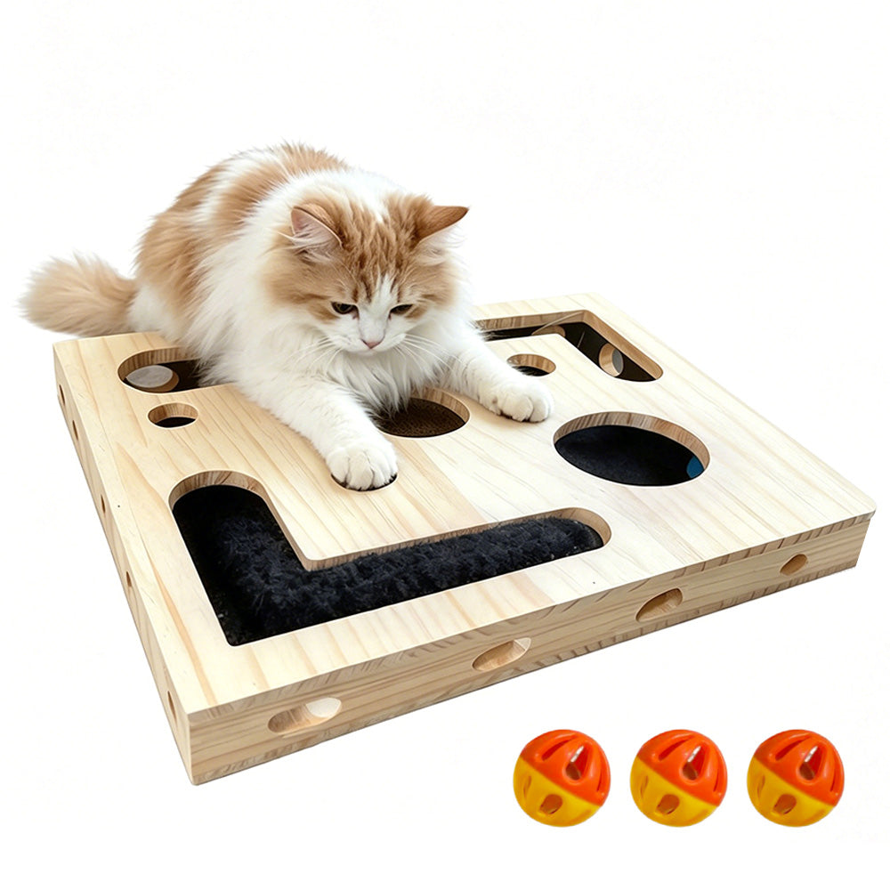 Cat Puzzle Toy Box Wooden Interactive Scratch Maze Toy with Bell Balls for Cats