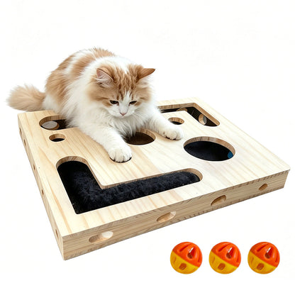 Cat Puzzle Toy Box Wooden Interactive Scratch Maze Toy with Bell Balls for Cats