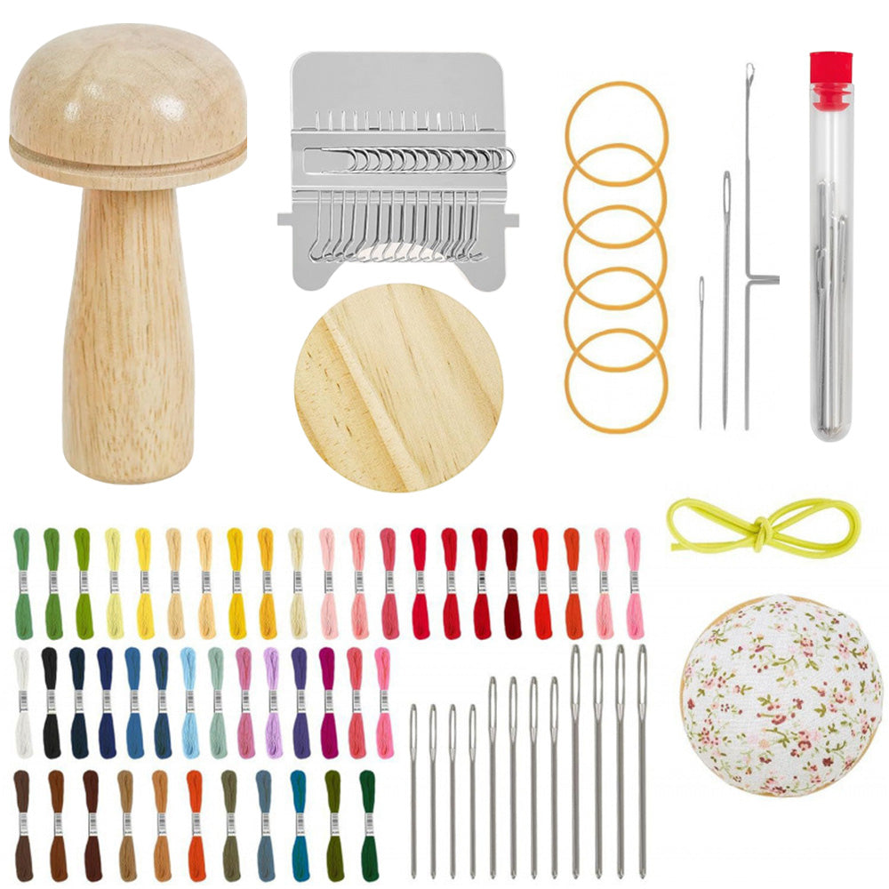 Mini Wood Composite Knitting Loom Darning Mushroom and 50 Color Thread Kit