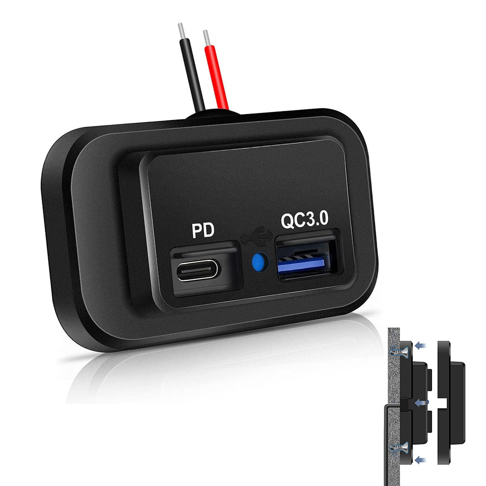 12V 24V PD 18W QC30 Dual Port Flush Mount Vehicle USB Charger