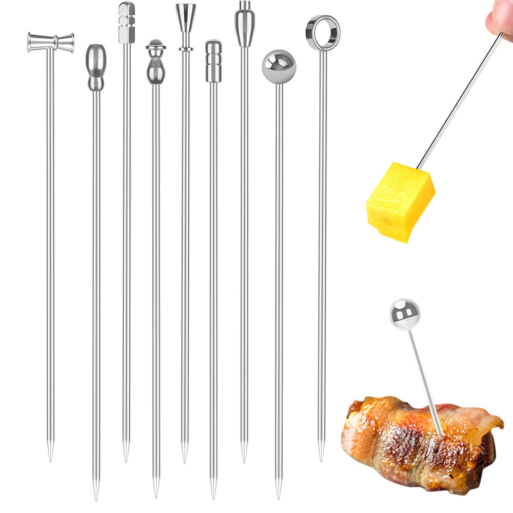 9PCS Stainless Steel Fruit Picks Reusable Metal Cocktail Appetizer Skewers