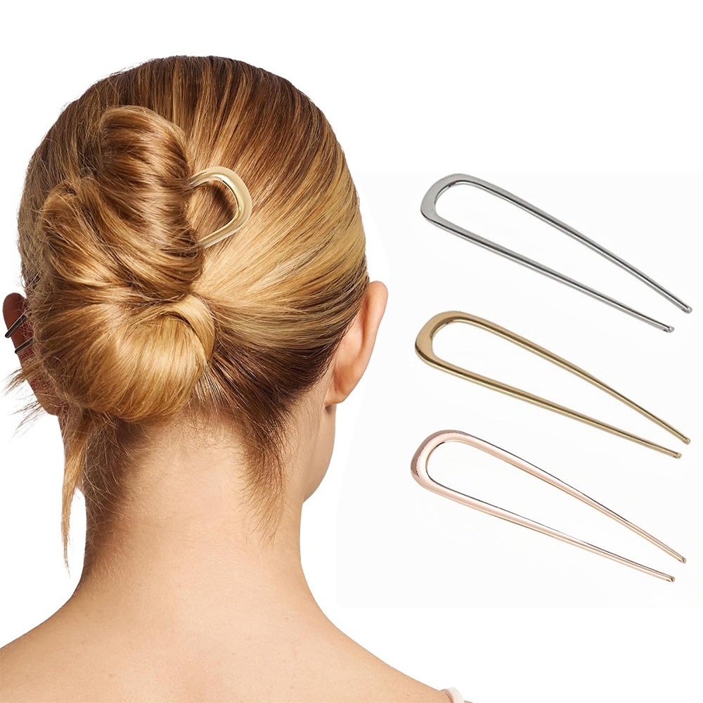 3Pc U-Shaped Double Prong Hair Pins Metal Hair Forks for Women Updos and Buns