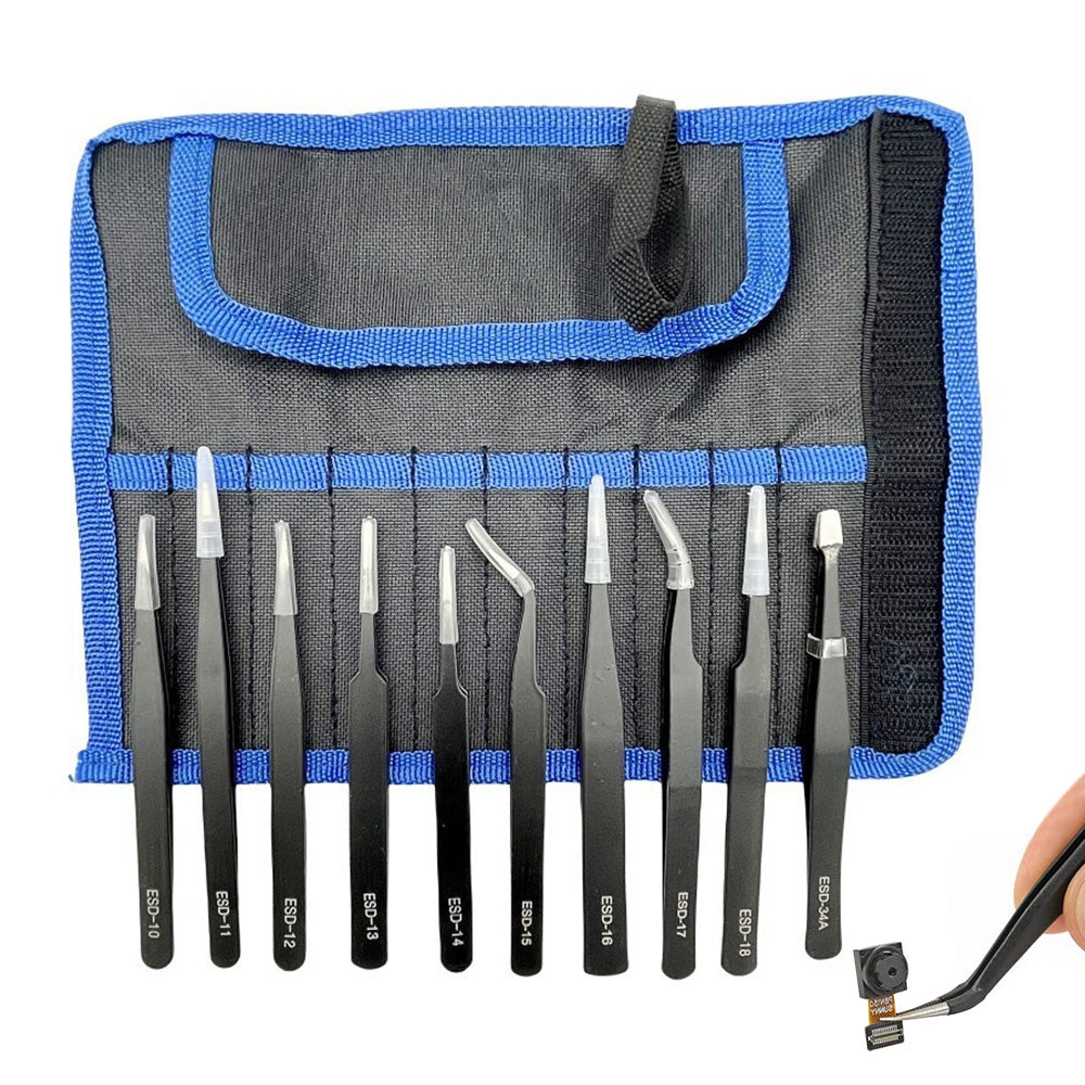 10 Piece Precision Tweezers Set with Bag Stainless Steel Anti Static Tweezers Repair Tool Kit for Electronics