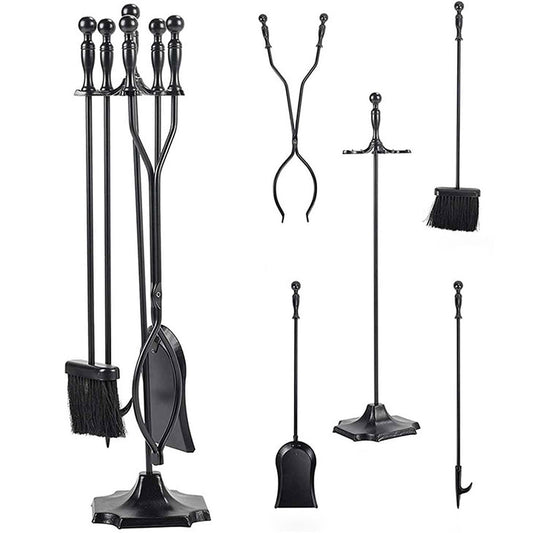 5 Pieces Fireplace Tool Set Wrought Iron With Stand For Indoor And Outdoor Use