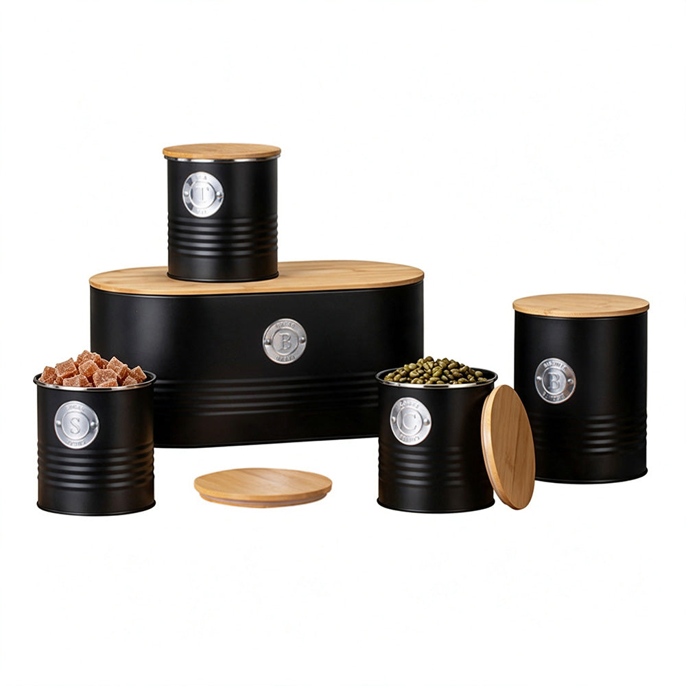 5 Piece Black Bread Bin and Airtight Kitchen Storage Canister Set
