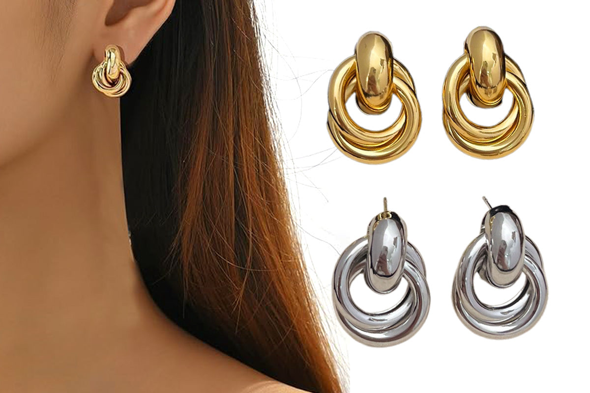 2 Pairs Women Geometric Dangle Drop Earrings Large Knot Design