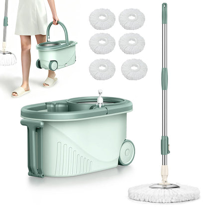 Mop and Bucket Set with Wringer 6 Replaceable Mop Heads for Floor Cleaning