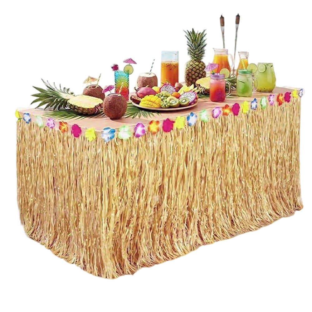 300x75cm Straw Color Tassel Table Skirt for Hawaiian Beach Parties