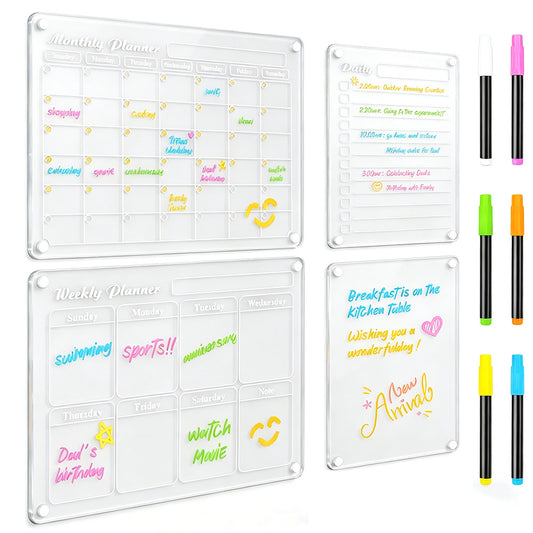 4Pcs Dry Erase Calendar for Fridge Acrylic Transparent Board Monthly Weekly Daily Planner