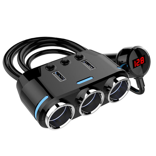 3 Way 12V Car Cigarette Lighter Splitter Dual USB Charger Digital Display