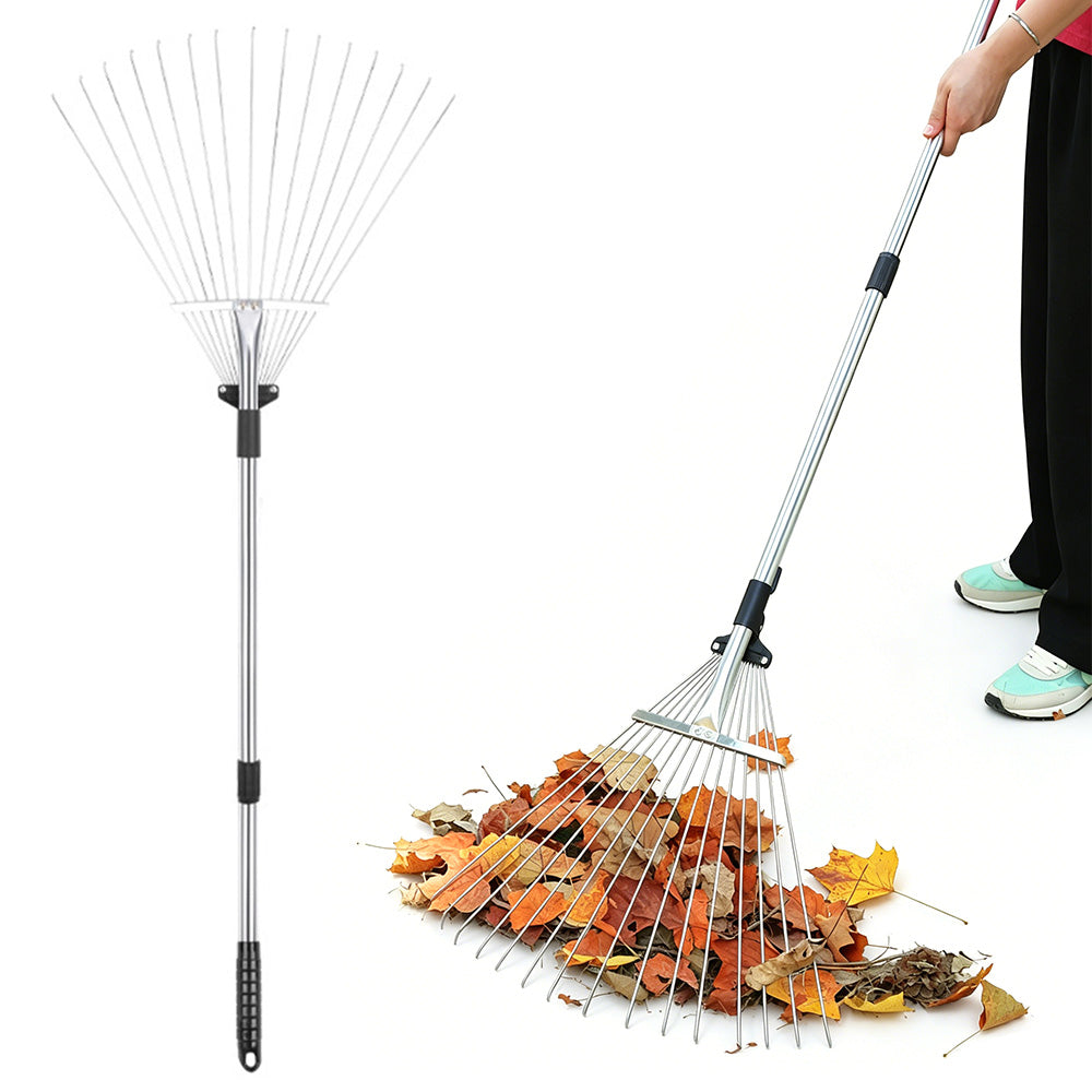 Adjustable Long Handle Metal Leaf Rake for Lawn Garden Yard Soil Loosening
