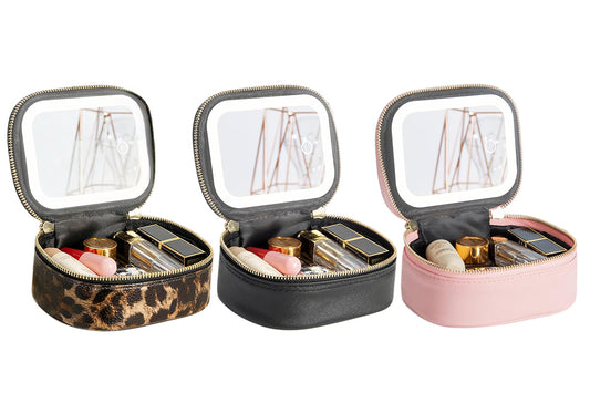 PU Leather Makeup Case Lighted Mirror LED Travel Cosmetic Organizer