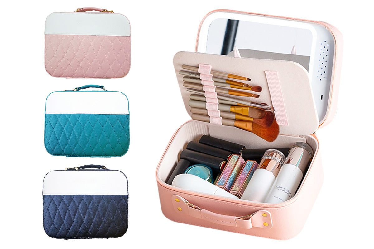 LED Mirror Makeup Case Hard Shell Rechargeable Lighted Cosmetic Organizer