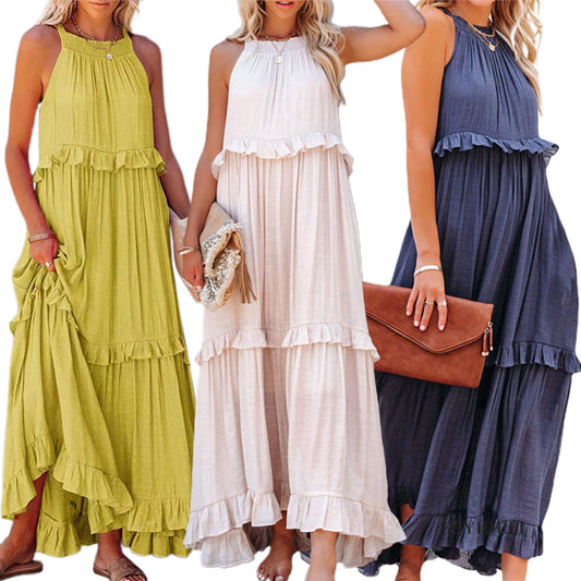 Womens Summer Dress Cotton Sleeveless Halter Neck Layered Ruffles Casual Boho Flowy Maxi Dress